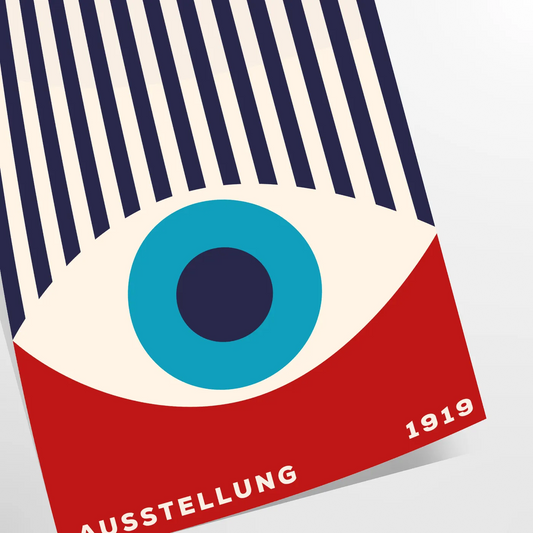 space Bauhaus wall art geometrical designs vibrant blue red eye poster perfect modern interiors thoughtful gift A4 cm A0 sizes room stylish artwork