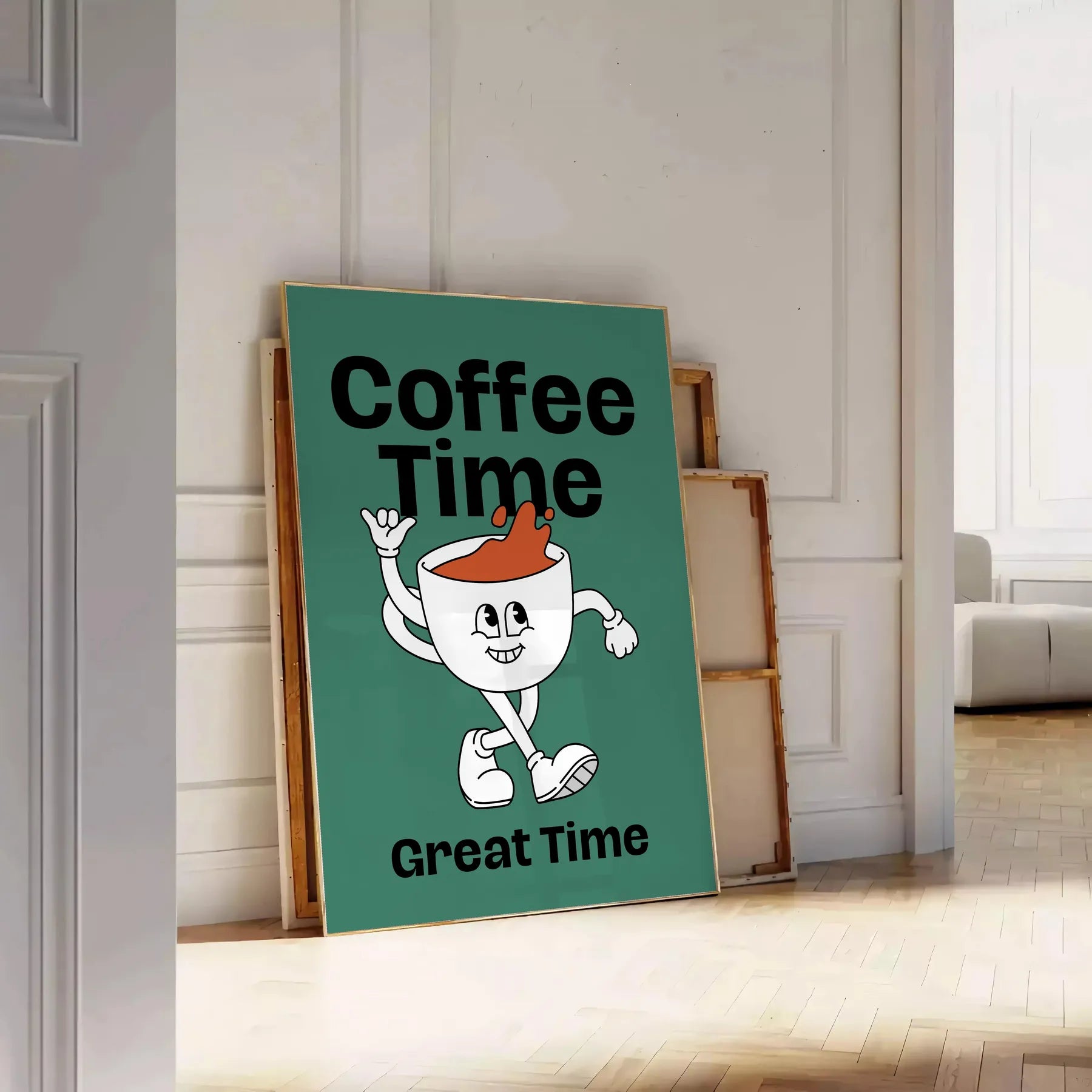 kitchen Coffee Time poster green blue hues lovers vibrant wall art ideal gift variety sizes A4 cm A0 space charming artwork