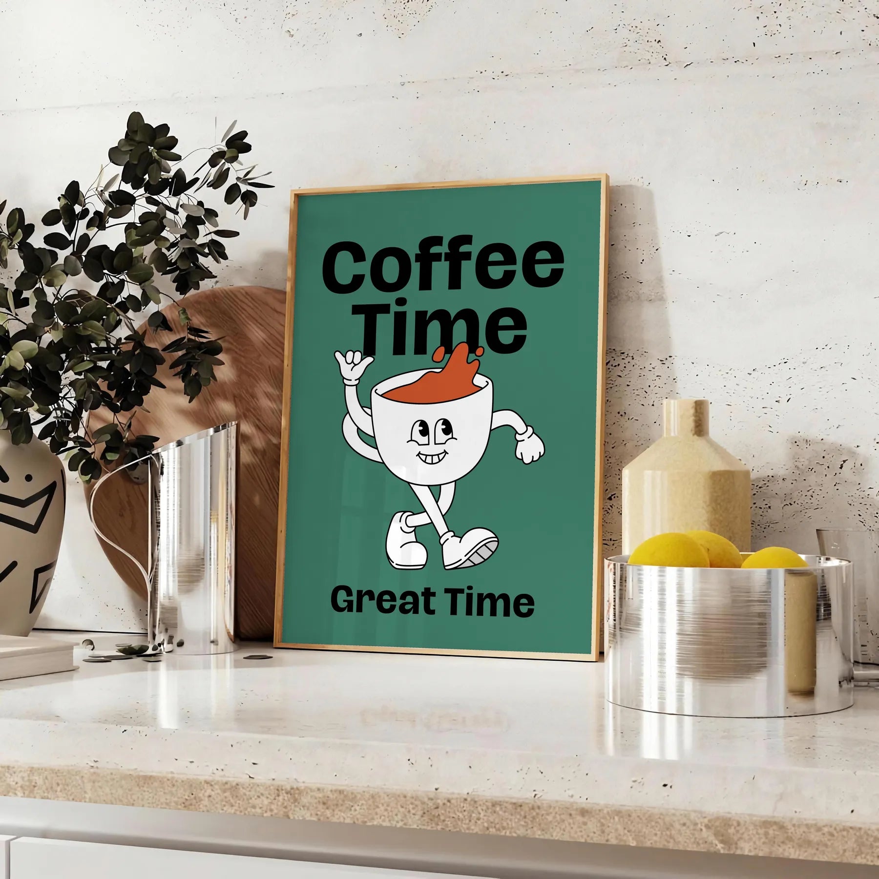 kitchen Coffee Time poster green blue hues lovers vibrant wall art ideal gift variety sizes A4 cm A0 space charming artwork