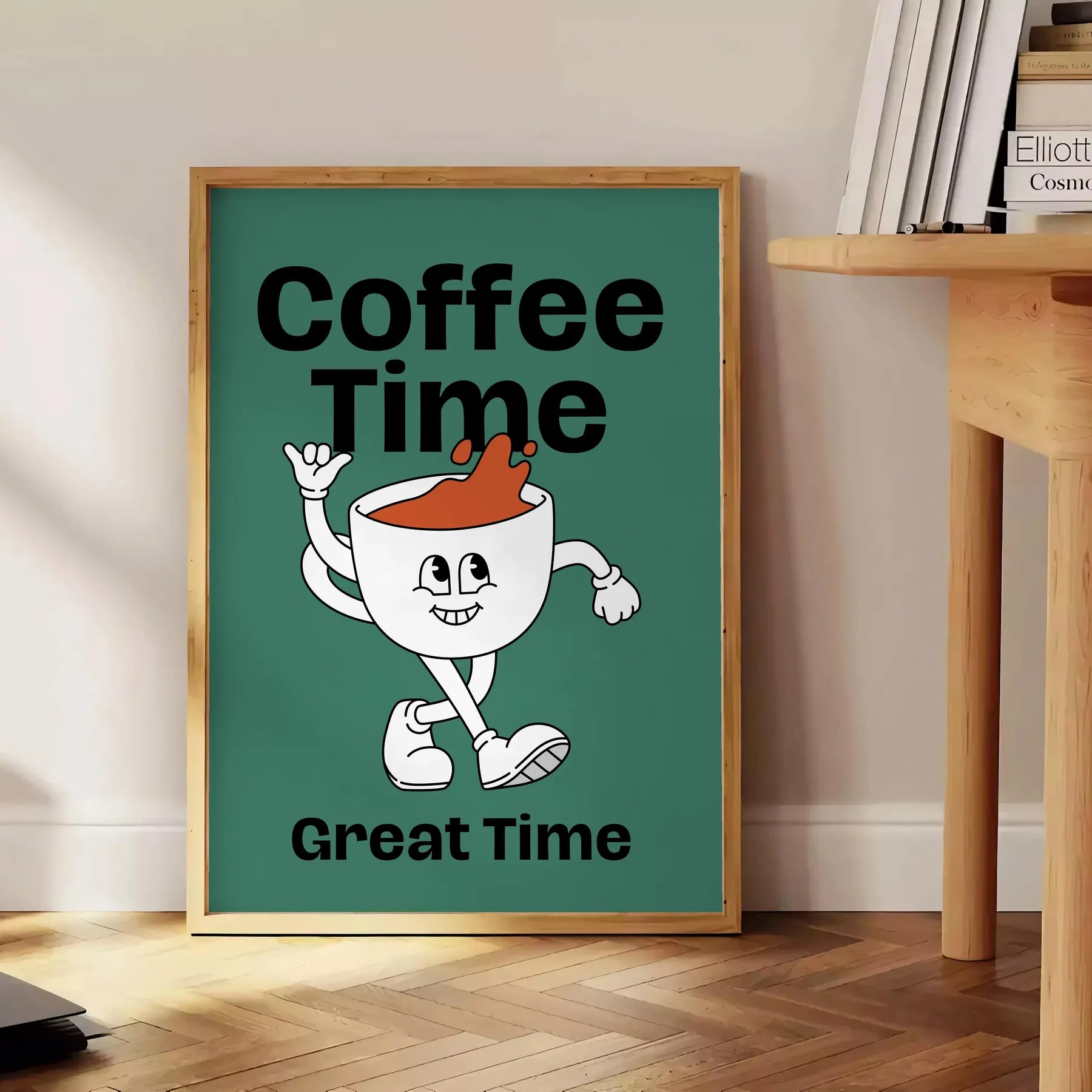 kitchen Coffee Time poster green blue hues lovers vibrant wall art ideal gift variety sizes A4 cm A0 space charming artwork