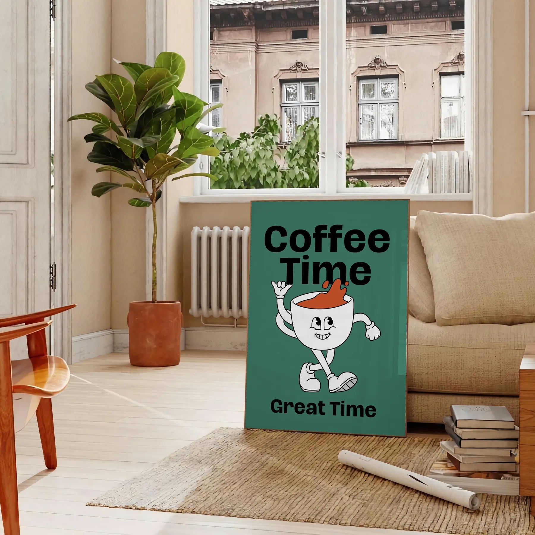 kitchen Coffee Time poster green blue hues lovers vibrant wall art ideal gift variety sizes A4 cm A0 space charming artwork