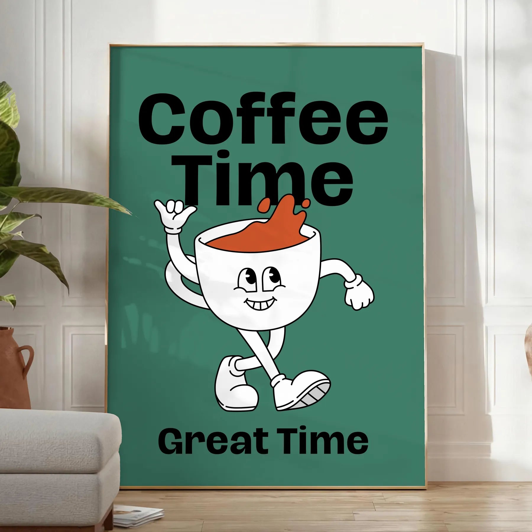 kitchen Coffee Time poster green blue hues lovers vibrant wall art ideal gift variety sizes A4 cm A0 space charming artwork